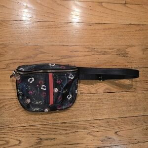 Clare V. Desert Racer striped leather belt bag with a black floral pattern